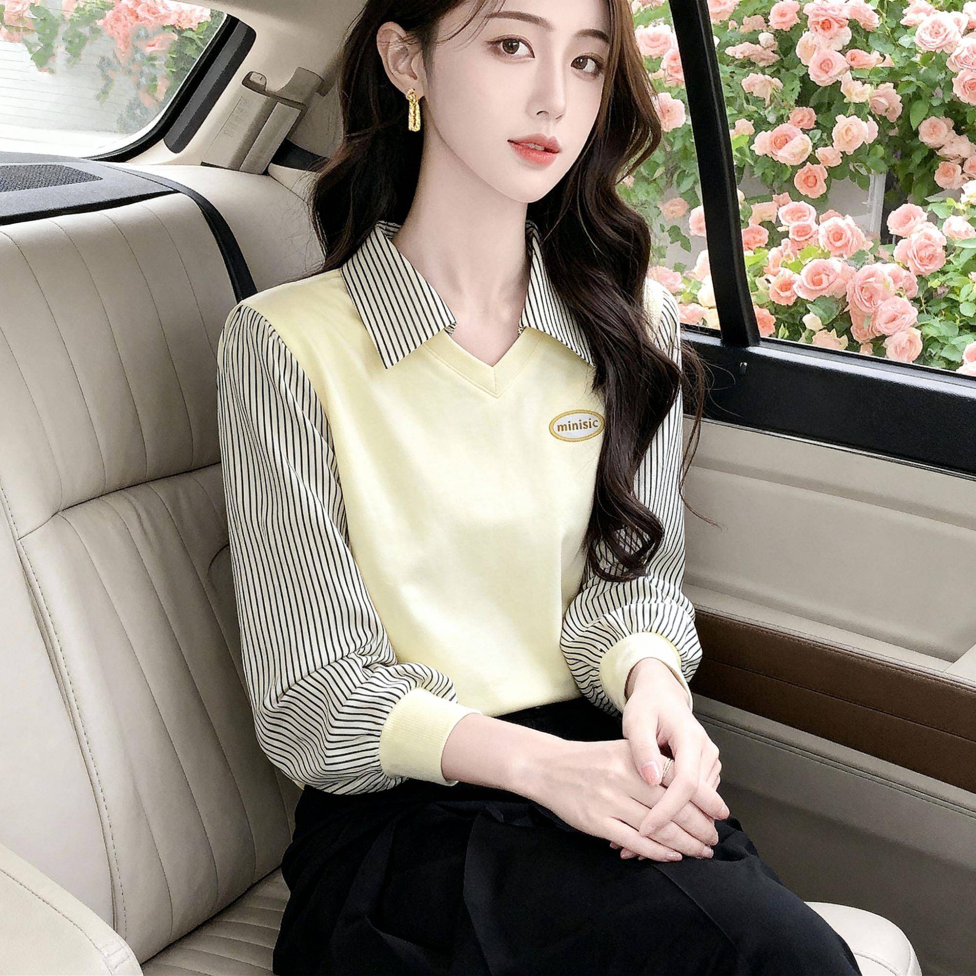 推荐2026早秋新款假两件拼接长袖T恤女装百搭薄款秋衣宽松POLO领