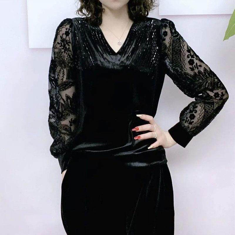 推荐金丝绒打底衫女2026春秋新款v领镶钻蕾丝拼接妈妈装洋气宽松