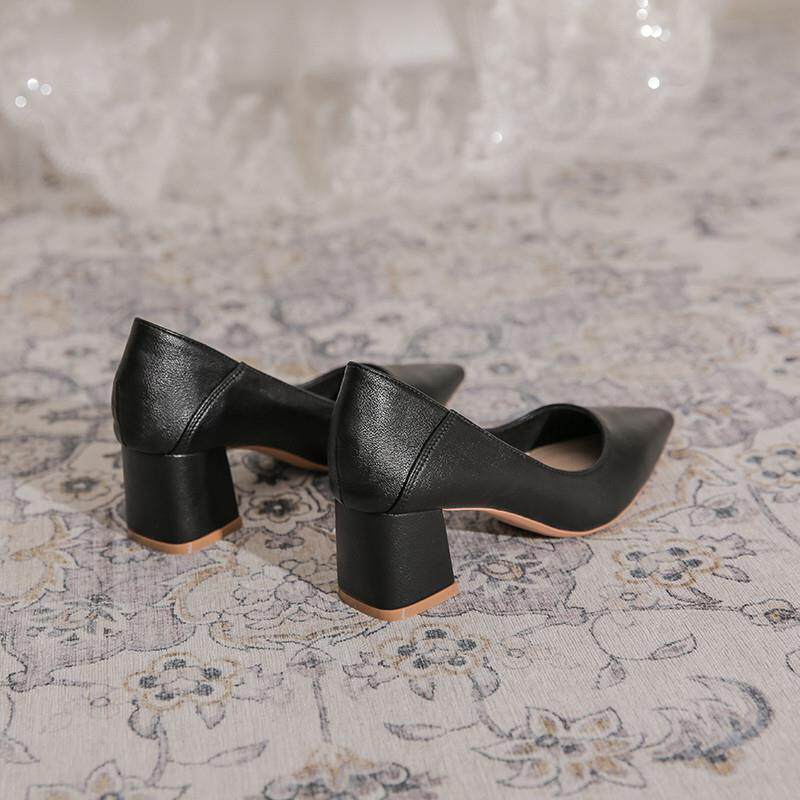 新品尖头高跟鞋不累脚软皮气质高级浅口单鞋春夏款粗跟伴娘鞋女配