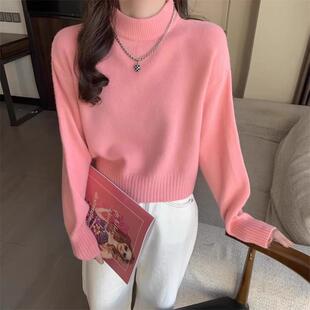 新品白色半高领毛衣女秋冬加厚宽松软糯针织衫小个子套头打底保暖
