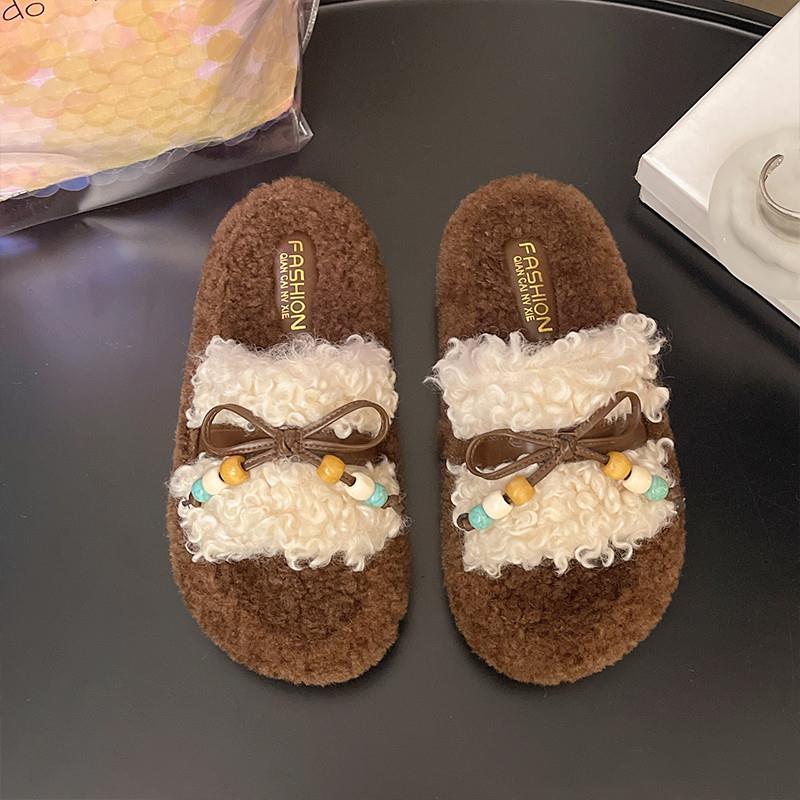 推荐小众串珠蝴蝶结毛毛拖