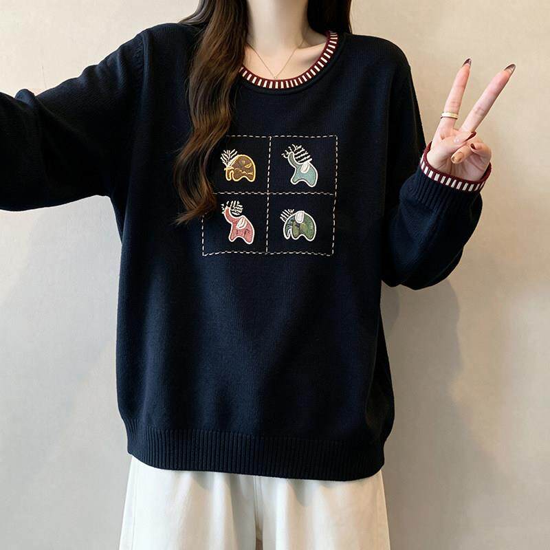 推荐大码时尚卡通刺绣撞色圆领长袖毛衣女秋冬季胖MM宽松遮肉针织