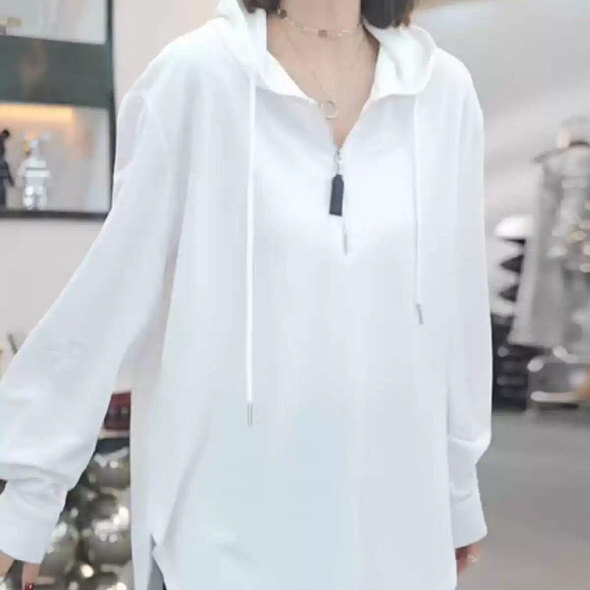 推荐中长款遮屁股白色连帽卫衣女2026秋季新款大码胖mm宽松半拉链