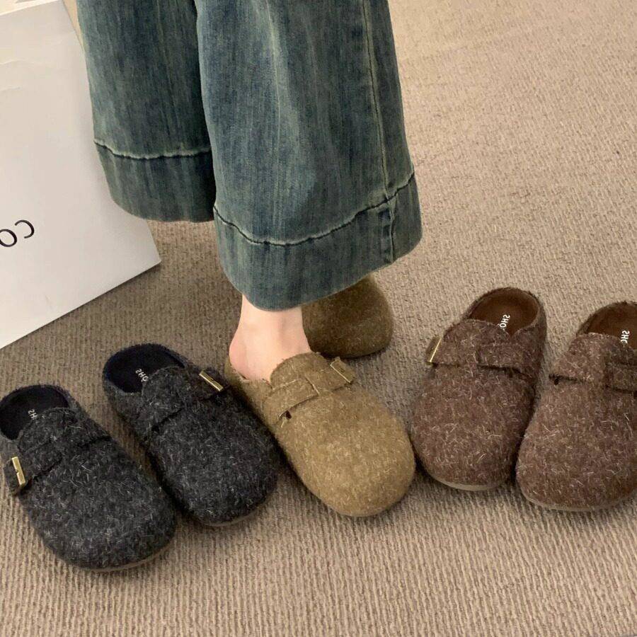 推荐复古小众晚晚风毛呢包头半拖鞋女外穿一脚蹬厚底灰色毛毡博肯