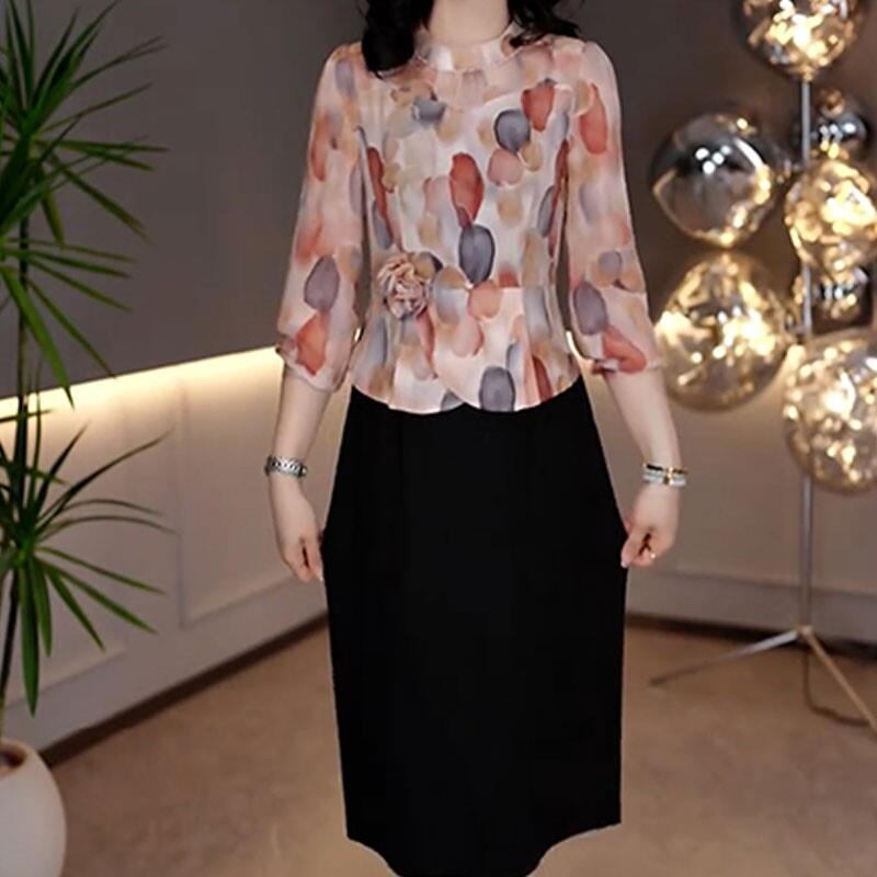推荐假两件气质印花连衣裙女2026年秋季新款妈妈装修身显瘦中长款