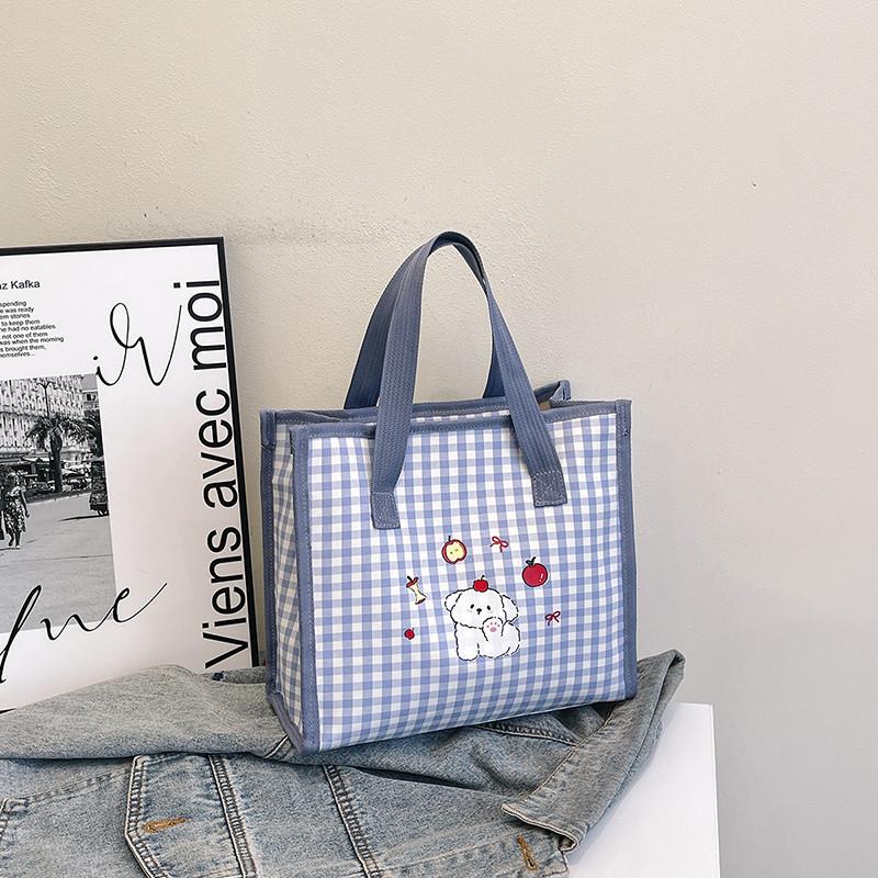 新品清新甜美格子手提袋2025新款可爱卡通拉链托特包外出小拎包妈