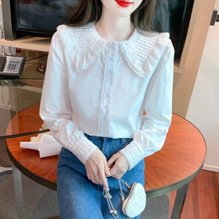 推荐法式娃娃领长袖衬衫白色打底衫女2026秋装时尚甜美蕾丝衫上衣