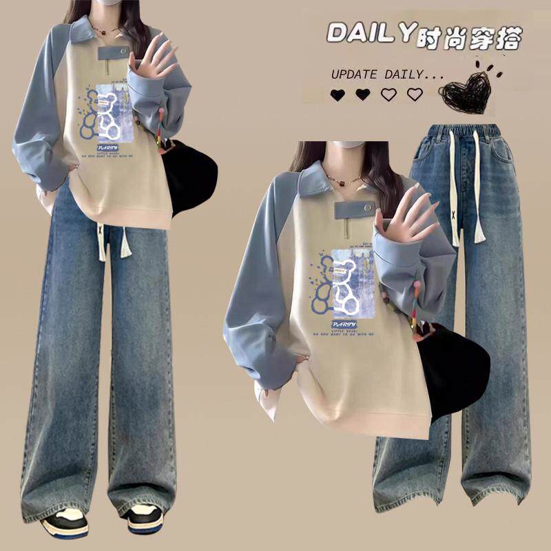 新品14岁初中生少女日系衣服秋季polo卫衣套装15高中学生牛仔裤两