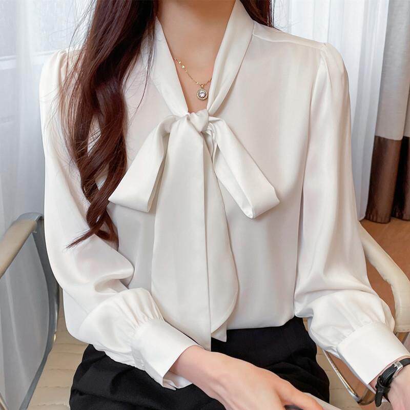 新品蓝色醋酸缎面衬衫女蝴蝶结职业教资面试穿搭高级感白衬衣通勤