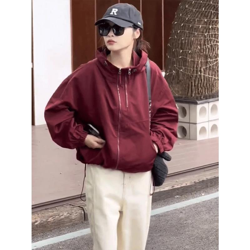推荐双拉链连帽小个子短款外套女春秋欧货宽松显瘦下摆抽绳冲锋衣