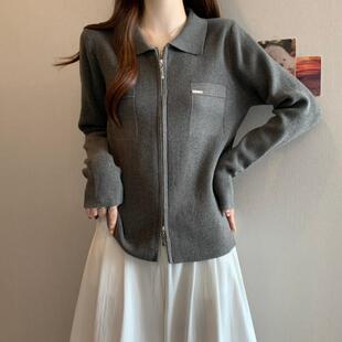 新品短款双拉链针织开衫毛衣女春秋2025大码胖mm显瘦高级感Polo领