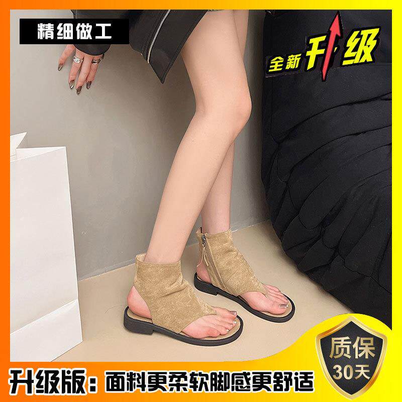新品复古夹趾凉靴女2026新款夏季小众人字拖平底高帮罗马凉鞋短筒
