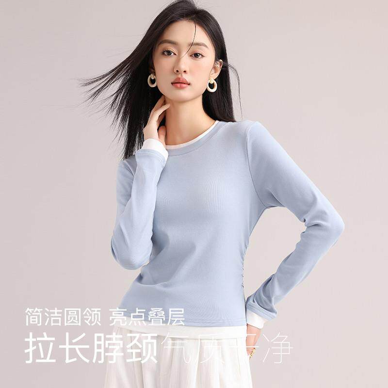 假两件正肩圆领长袖T恤女2025早春设计感褶皱收腰修身打底衫上衣