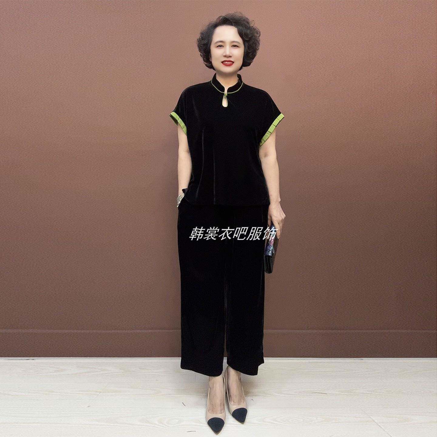 推荐时尚妈妈国风丝绒盘扣拼接小衫秋新款短袖旗袍上衣阔腿裤时髦