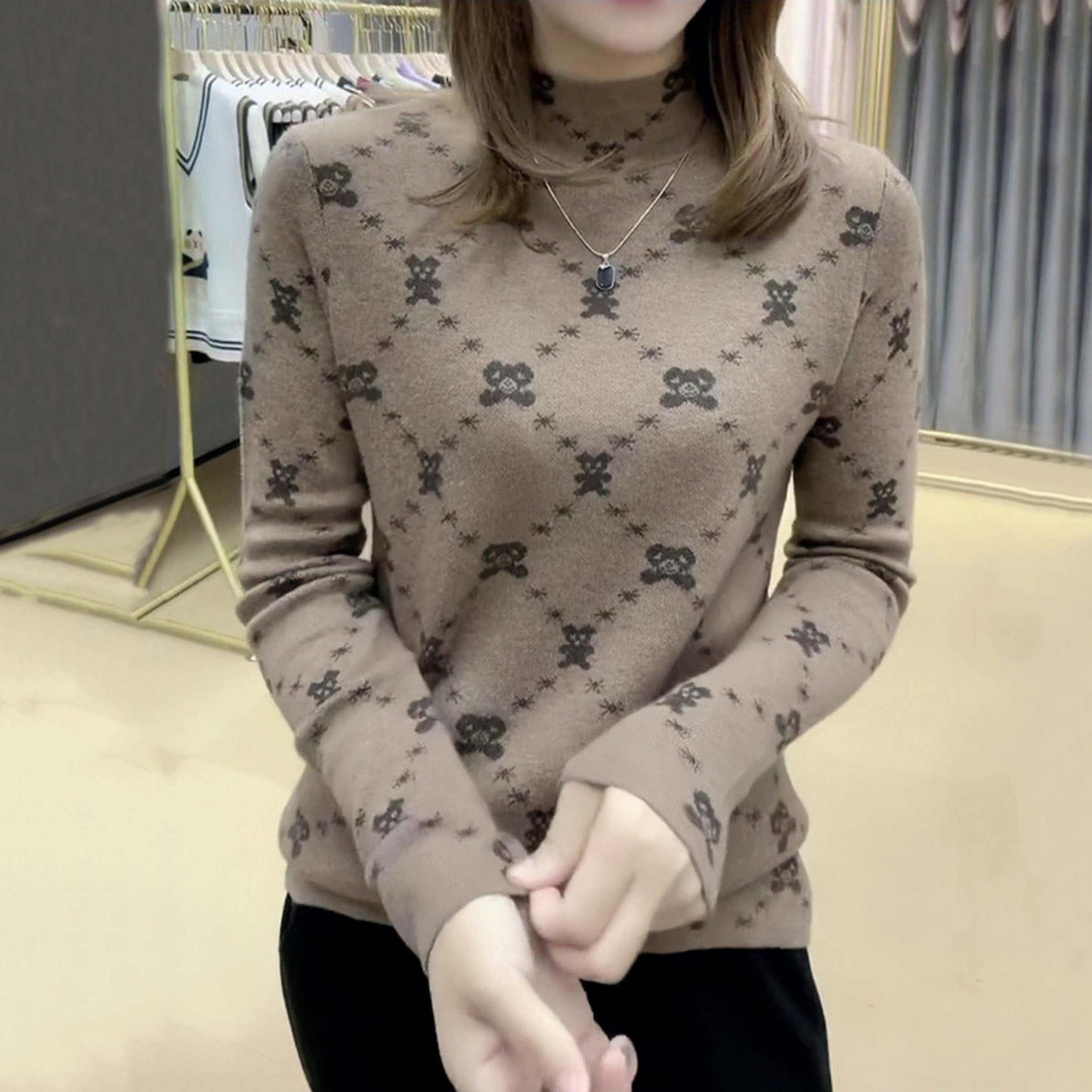 推荐半高领德绒打底衫女内搭秋冬洋气高级感爆款加厚磨毛小熊印花