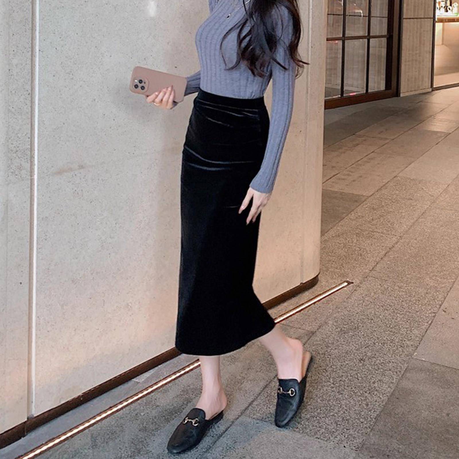 推荐金丝绒开叉半身裙女2026春季新款小个子显高黑色直筒一步裙