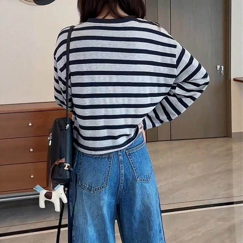推荐慵懒风条纹小狗印花T恤女秋2026新款大码胖MM韩系宽松长袖打