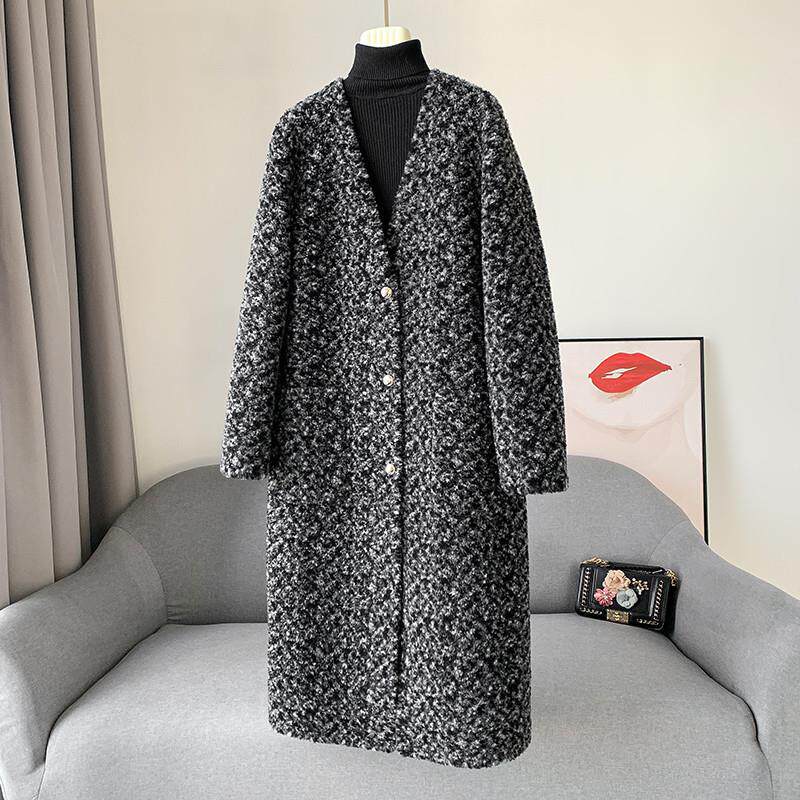 新品2024冬季新款V领皮毛一体颗粒羊剪绒大衣羊羔毛皮草外套女中