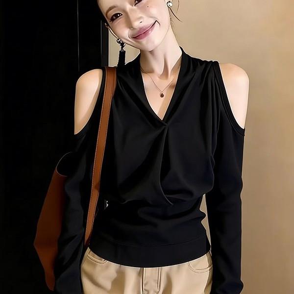 推荐美式辣妹黑色挂脖V领露肩长袖T恤女早春季别致设计感修身显瘦