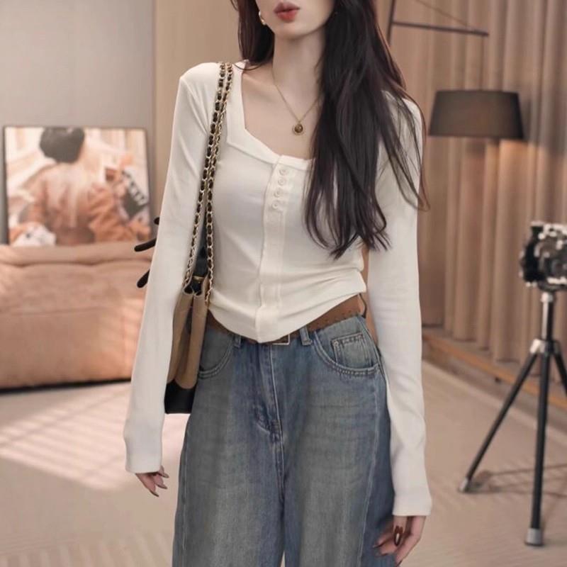 推荐高级感方领灰色长袖T恤女2026秋季大码胖mm修身显瘦内搭打底