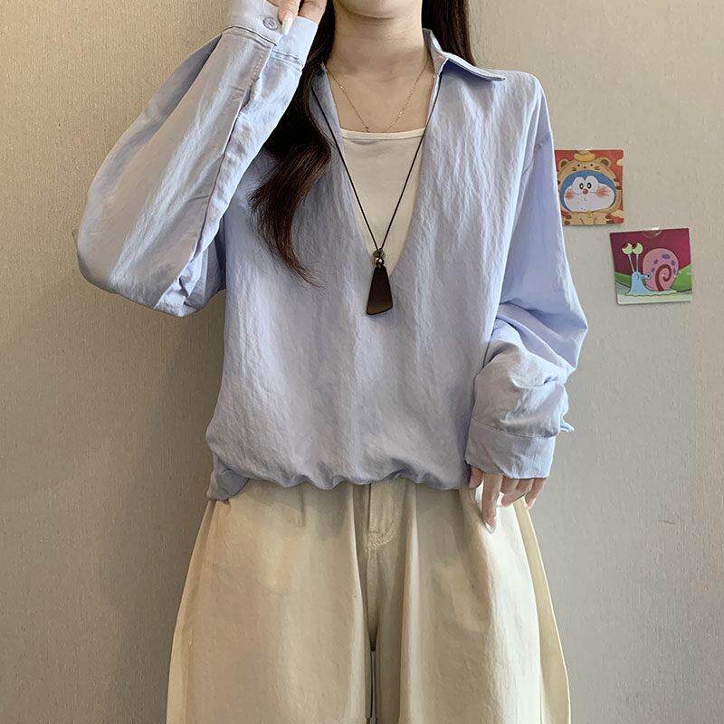 推荐大码韩版不规则拼接假两件长袖衬衫女秋冬季胖MM宽松遮肉时尚
