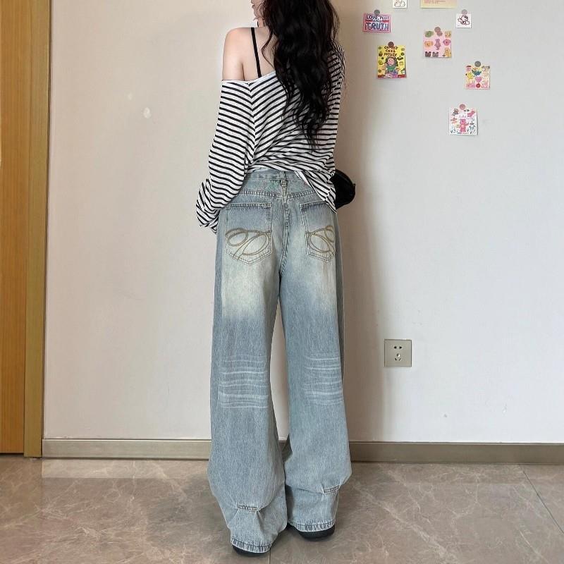推荐大码女装美式复古阔腿牛仔裤秋季新款胖mm高腰宽松显瘦高腰直