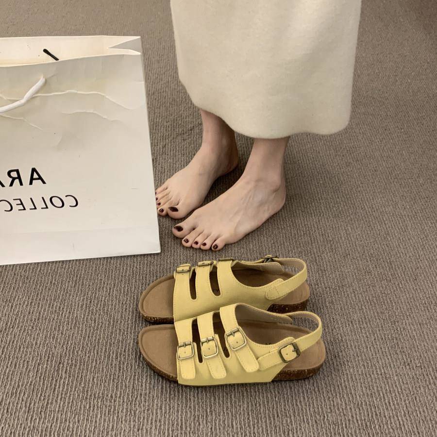 推荐三扣带勃肯凉鞋女夏外穿平底复古磨砂露趾后绊带休闲罗马沙滩