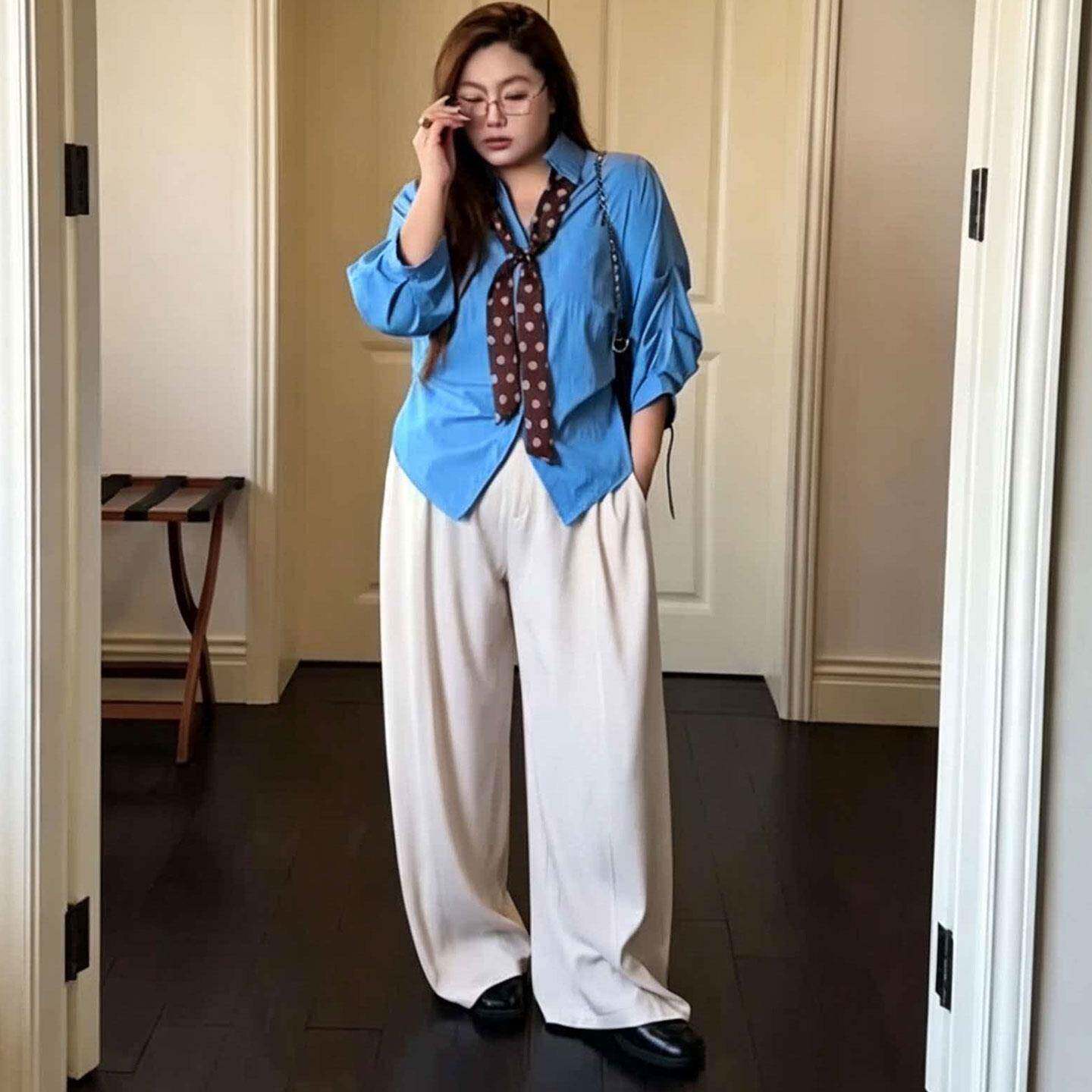 推荐大码设计感波点领带长袖衬衫女秋季胖mm翻领显瘦气质减龄百搭
