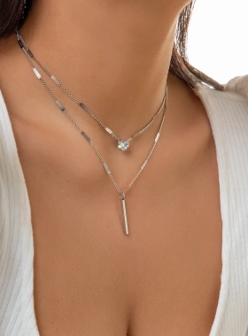 欧美饰品 简约双层金属棒微镶心形项链女 气质水滴细链项饰