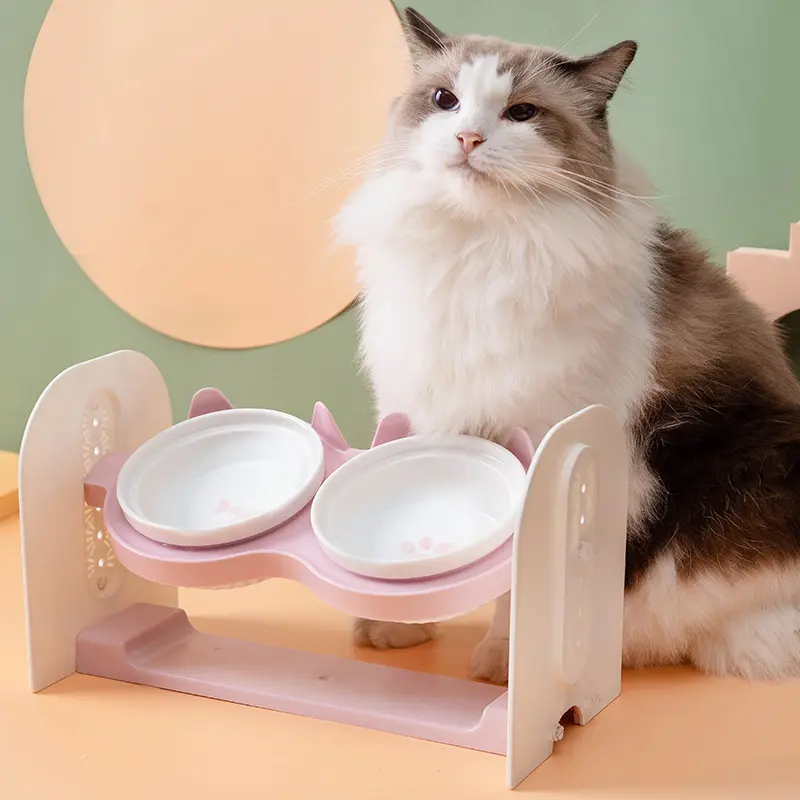 猫碗陶瓷双碗斜口保护颈椎猫食盆防打翻宠物狗碗可调节高度倾斜度