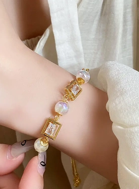 韩国个性锆石方形人鱼姬珍珠抽拉式手链设计时尚手环高级感手饰女