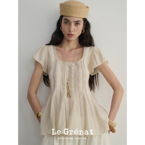 Le Grenat春夏女莱赛尔混纺U型领塔克褶蕾丝A摆小飞袖荷叶袖上衣