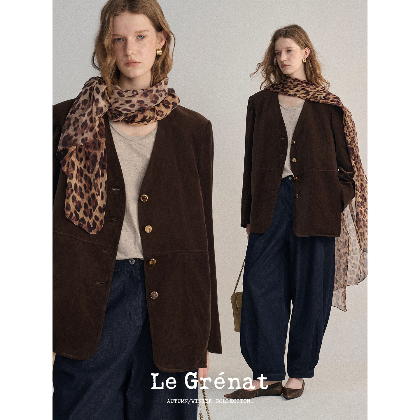 Le Grenat秋冬女金属纤维棉混纺皱感丝绒西装V领咖色多扣宽松外套