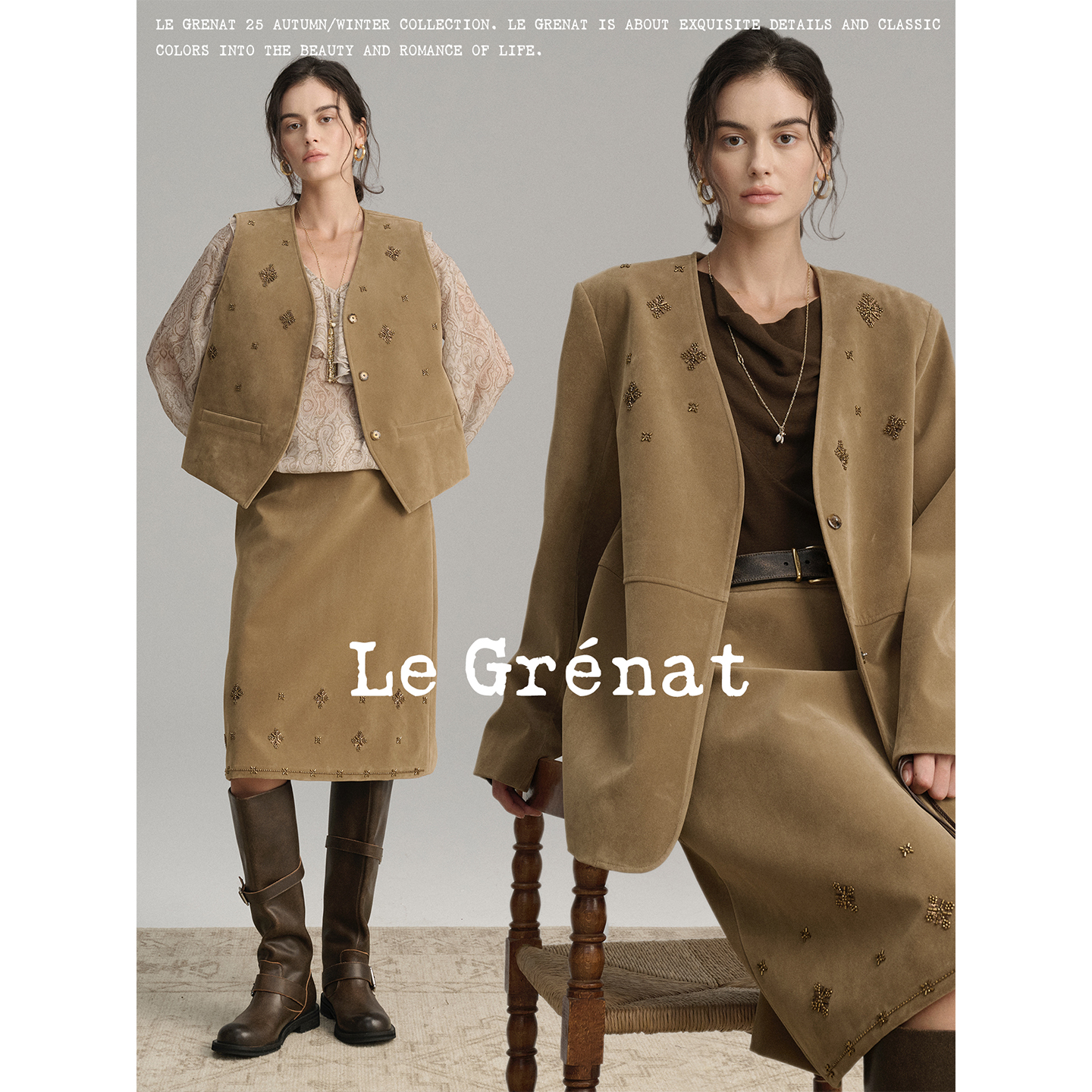 Le Grenat秋冬女设计感老钱风钉珠绣花仿麂皮无领廓形西装外套