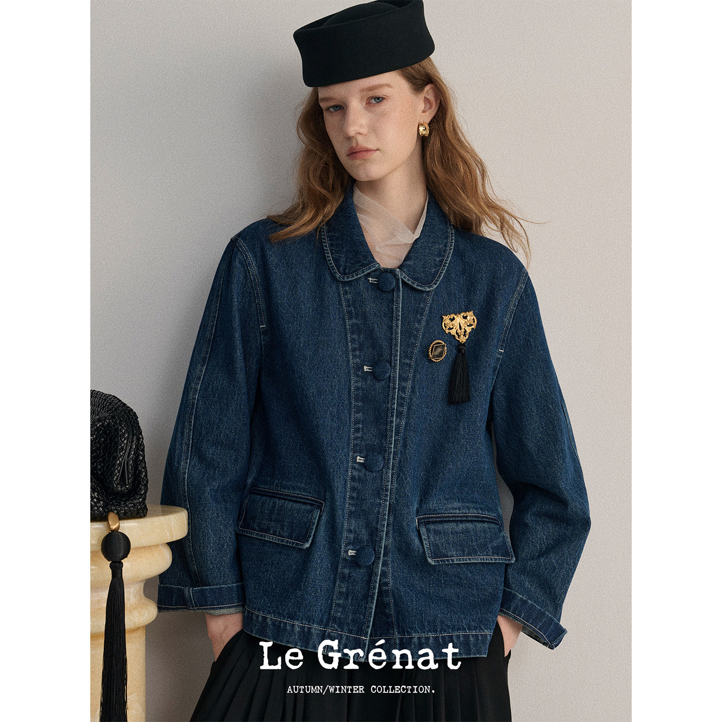 Le Grenat早秋女复古娃娃领翻领明线辑线工艺宽松短款衣牛仔外套