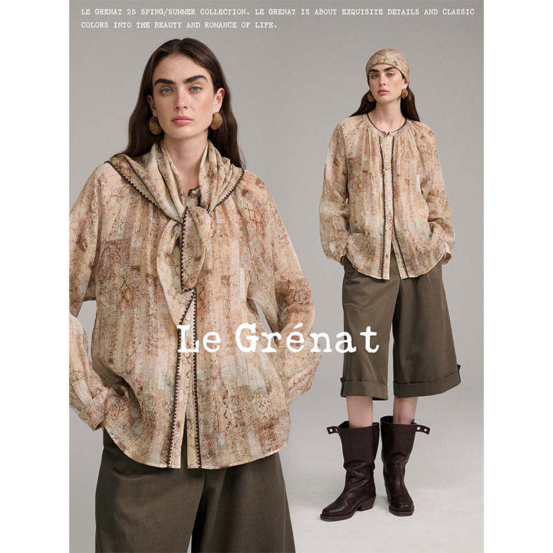 Le Grenat秋季女设计感老钱风重工贝壳绣印花长袖衬衫+方巾