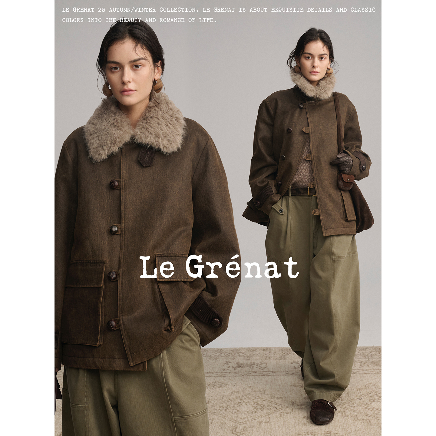 Le Grenat秋冬女老钱风可脱卸环保皮草毛领仿油蜡皮做旧棉服