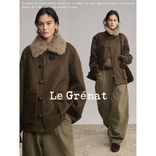 Grenat秋冬女老钱风可脱卸环保皮草毛领仿油蜡皮做旧棉服
