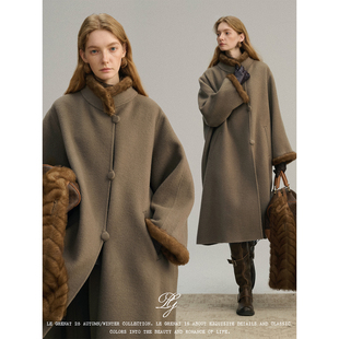 大衣外套 女老钱风羊毛立领拼环保皮草双面呢长款 Grenat冬季