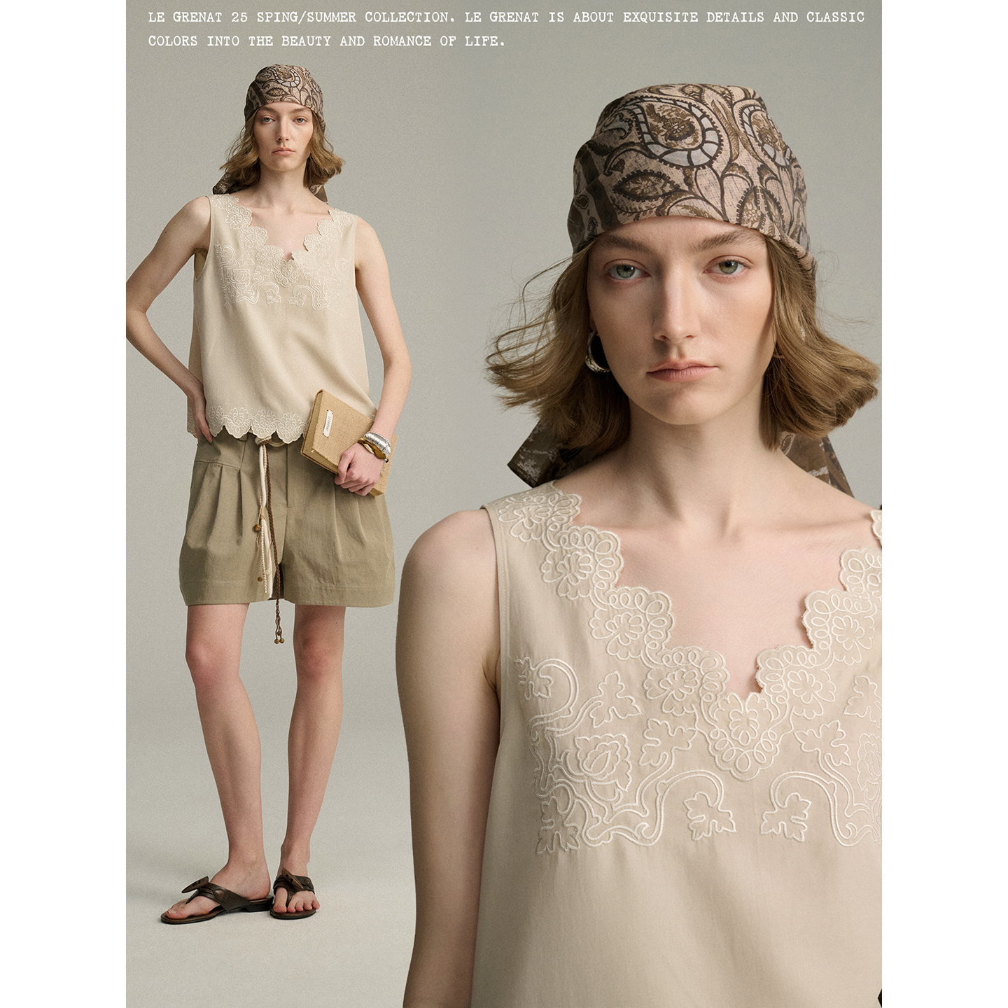 LeGrenat夏季女复古度假风亚麻莱赛尔重工刺绣背心