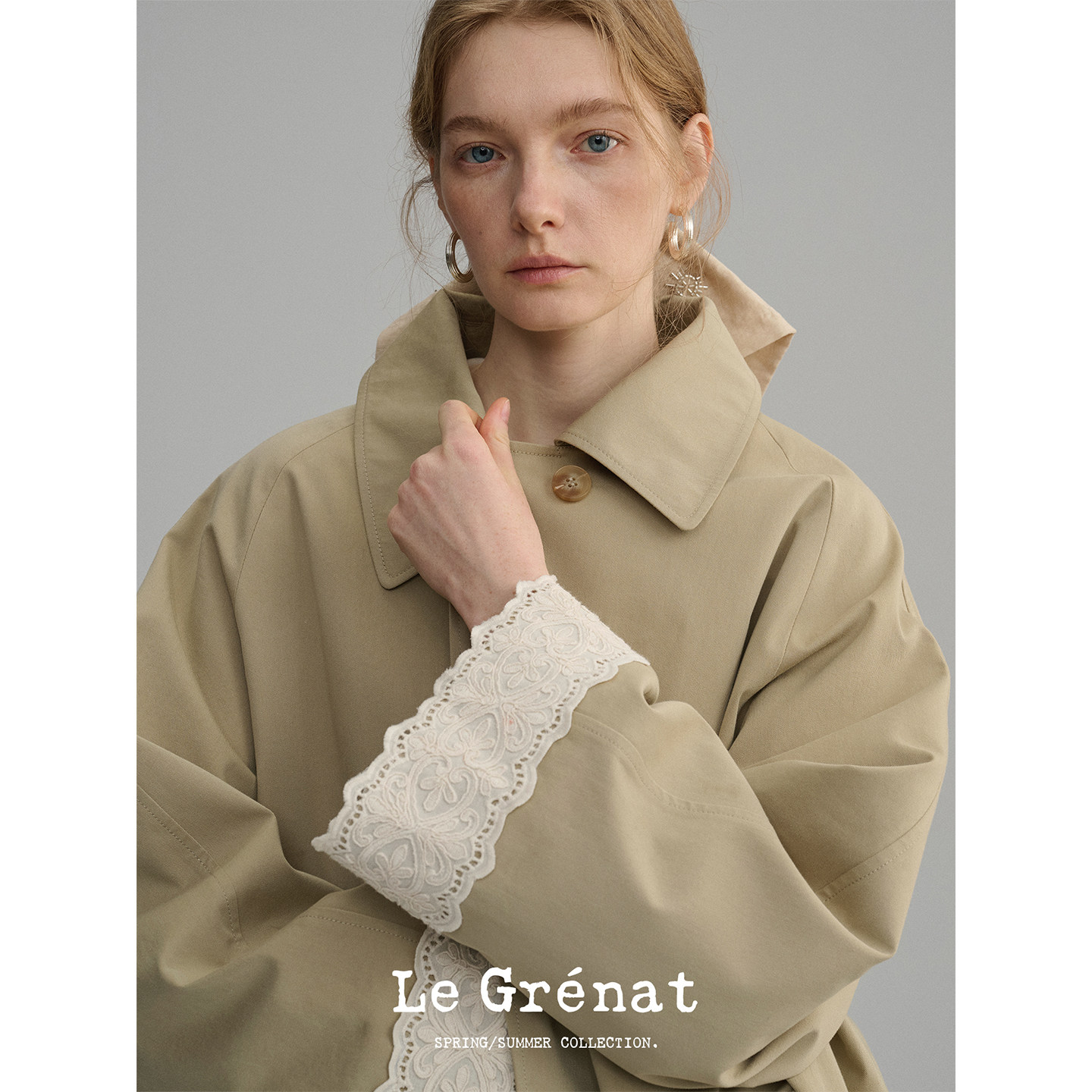 Le Grenat春夏女设计感廓形袖口拼接蕾丝翻领中长款风衣外套