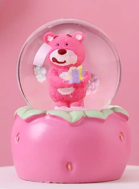 新款草莓熊水晶球树脂摆件卡通熊玻璃水球梦幻亮片玻璃球