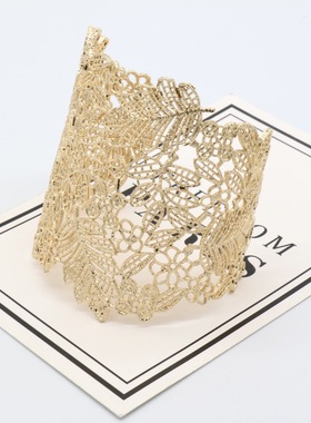 欧美时尚潮流复古夸张树叶镀金缕空女士宽口蕾丝花边手镯
