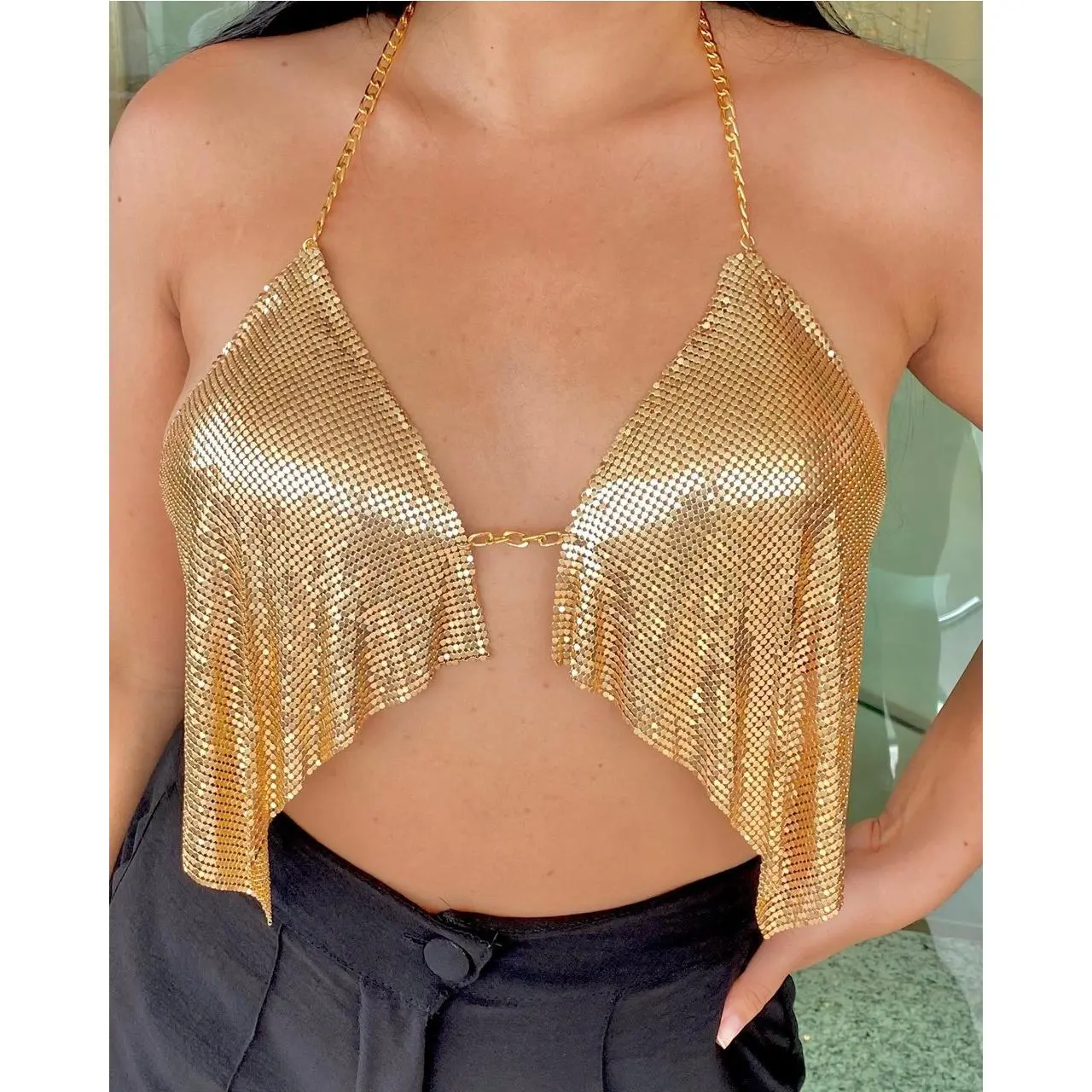 yh3490欧美热销vest水钻镶嵌亮片钻布流苏金属链相接挂脖上衣背心