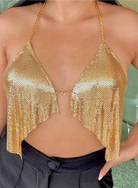 yh3490欧美热销vest水钻镶嵌亮片钻布流苏金属链相接挂脖上衣背心