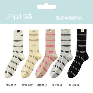 薄款 袜子女春夏季 纯棉百搭中筒袜学院风in潮条纹长袜夏天堆堆袜