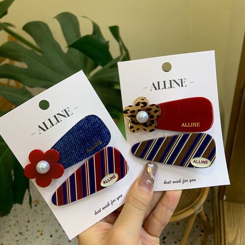 alline新款花花条纹珍珠鸭嘴夹格子化妆夹百搭碎发夹刘海夹