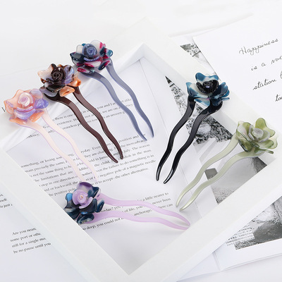 新款简约时尚盘发发簪U型醋酸发簪花朵发钗日韩气质盘发头饰