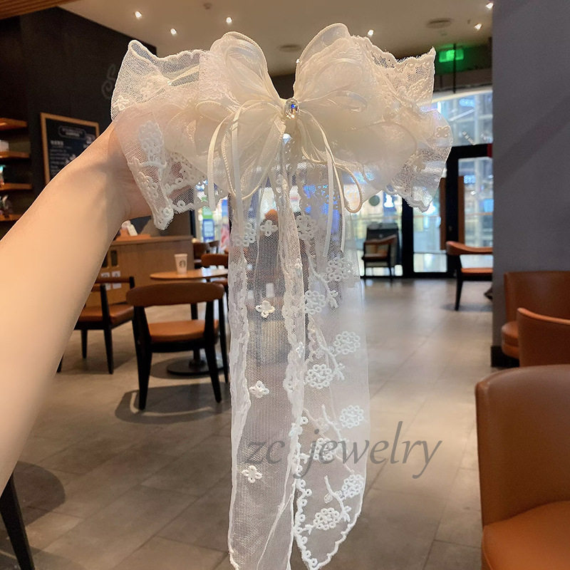 韩版超仙蕾丝蝴蝶结长款飘带弹夹女感时尚后脑勺甜美顶夹发卡