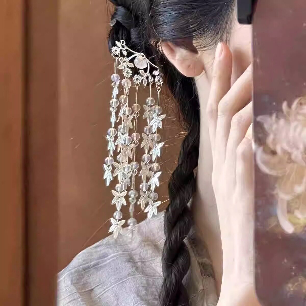 新中式复古发簪女长款流苏步摇发钗银色枫叶超仙簪子古风汉服配饰